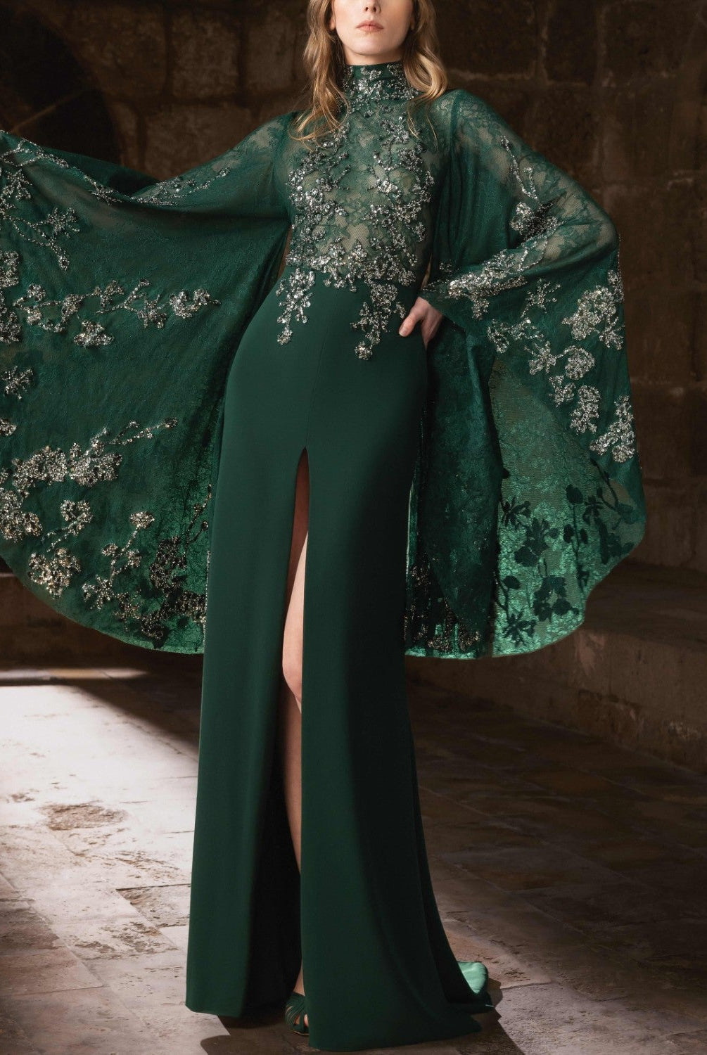 Forest Green Crepe Gown with Gold Floral Embroidery