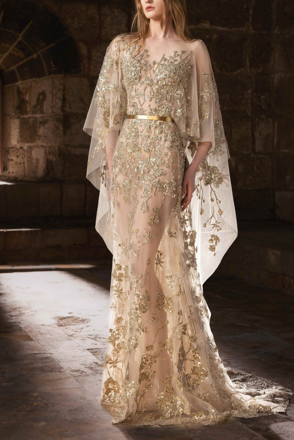Embroidered Tulle Kaftan Dress with Gold Floral Cascades