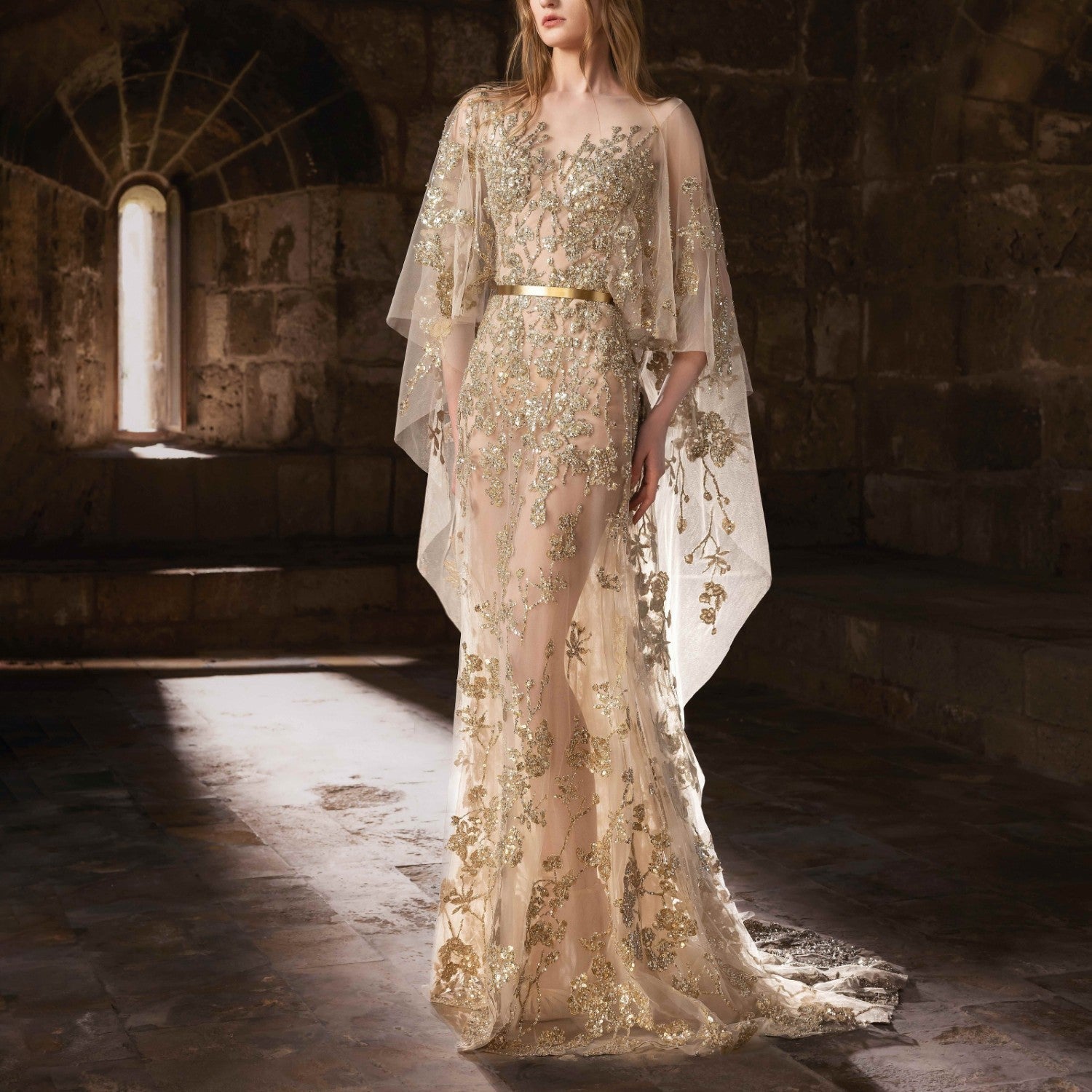 Embroidered Tulle Kaftan Dress with Gold Floral Cascades