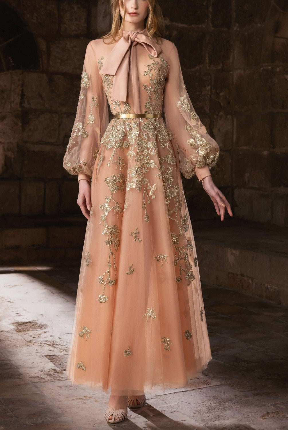 Soft Gold Embroidered A-Line Gown