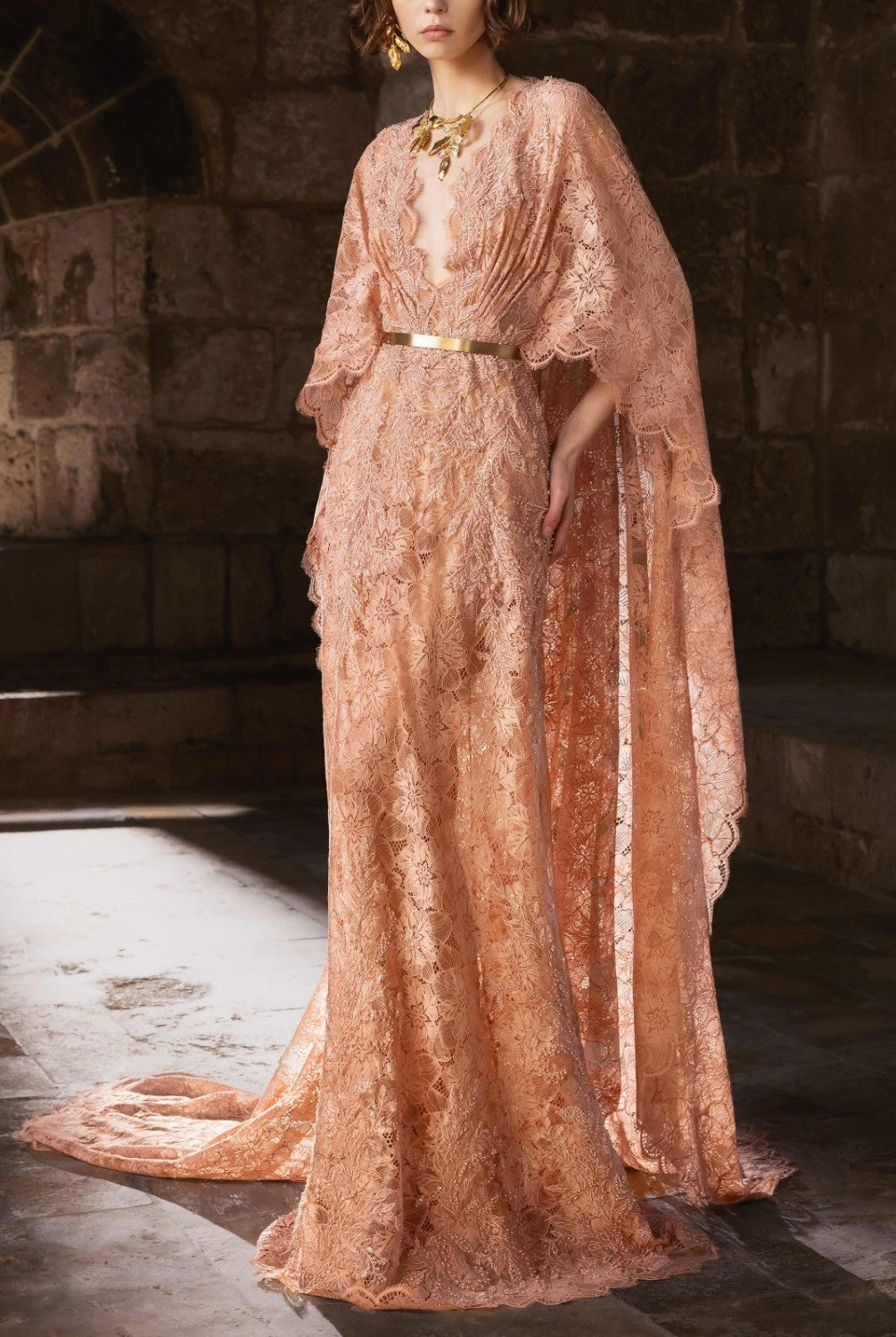 Nude Lace Gown with Sheer Cape & Scalloped Trim