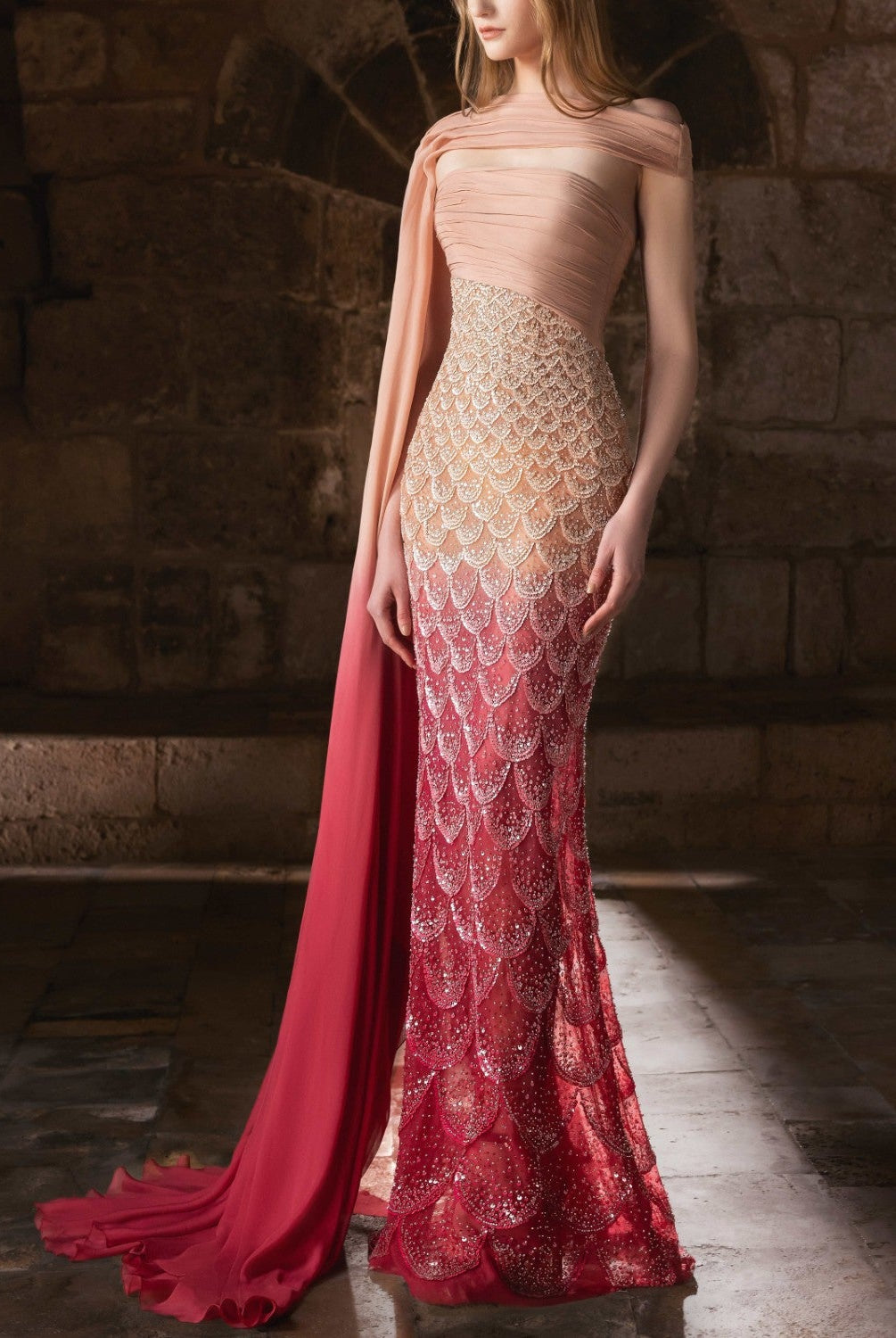 Blush to Burnished Rose Embroidered Gown