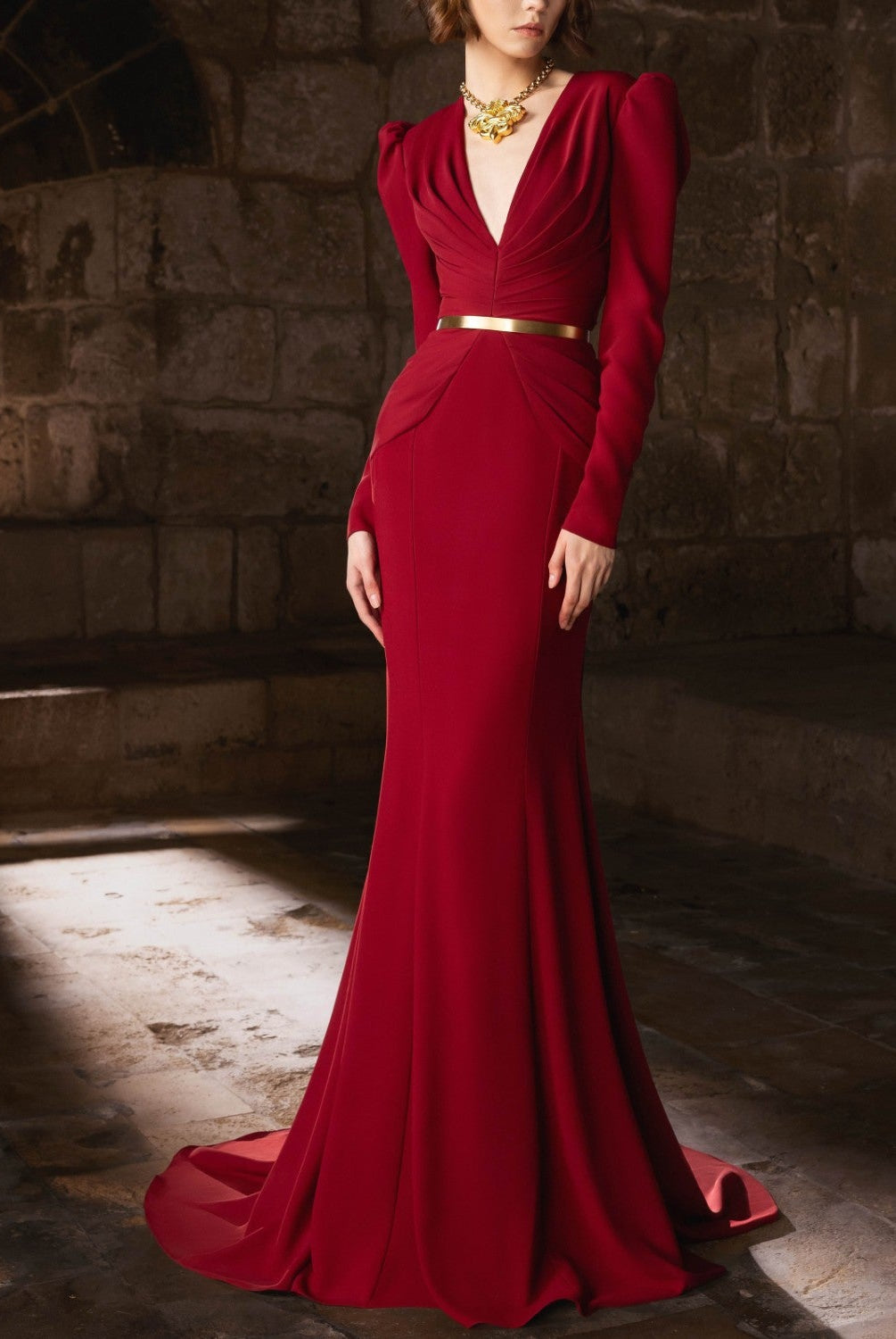 Burgundy Sculpted Crepe Gown with Draped Waist