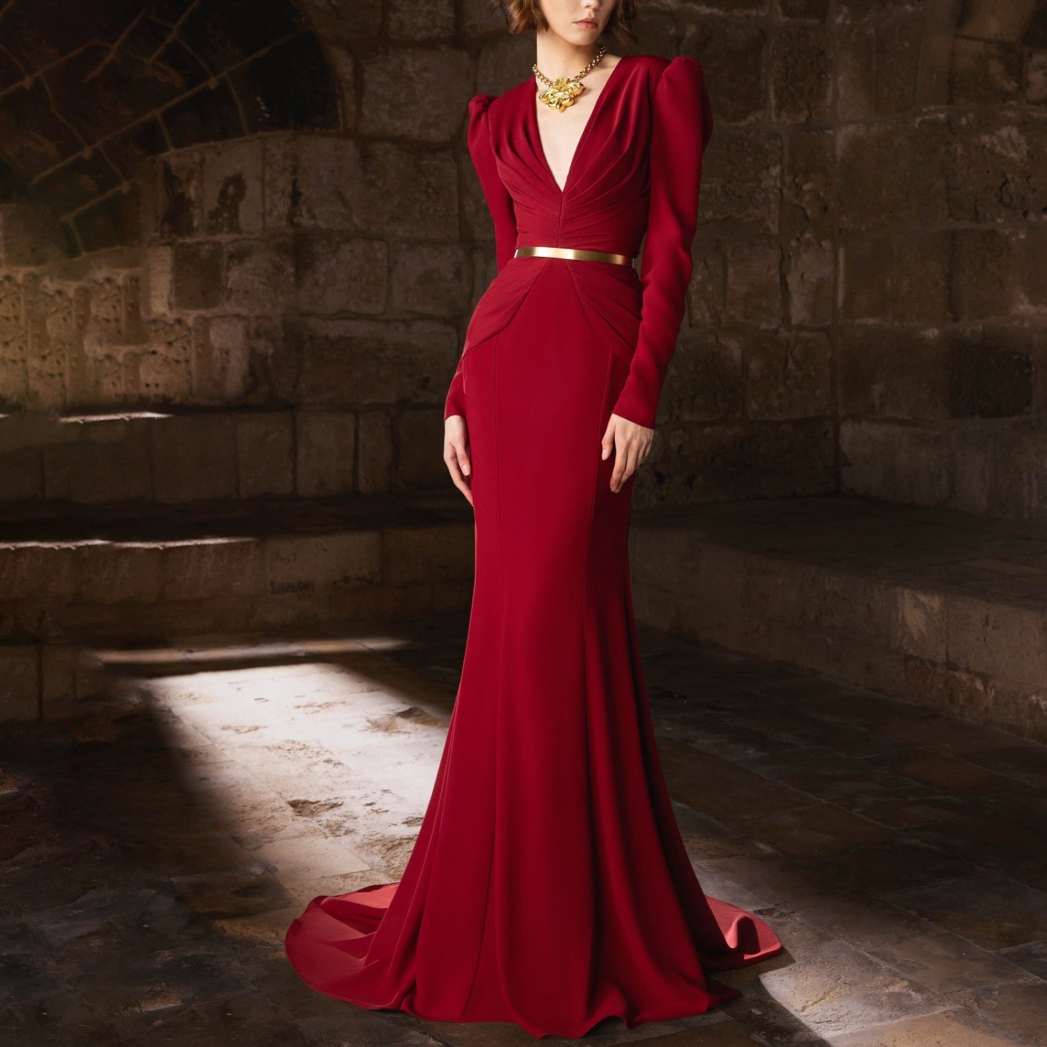 Burgundy Sculpted Crepe Gown with Draped Waist