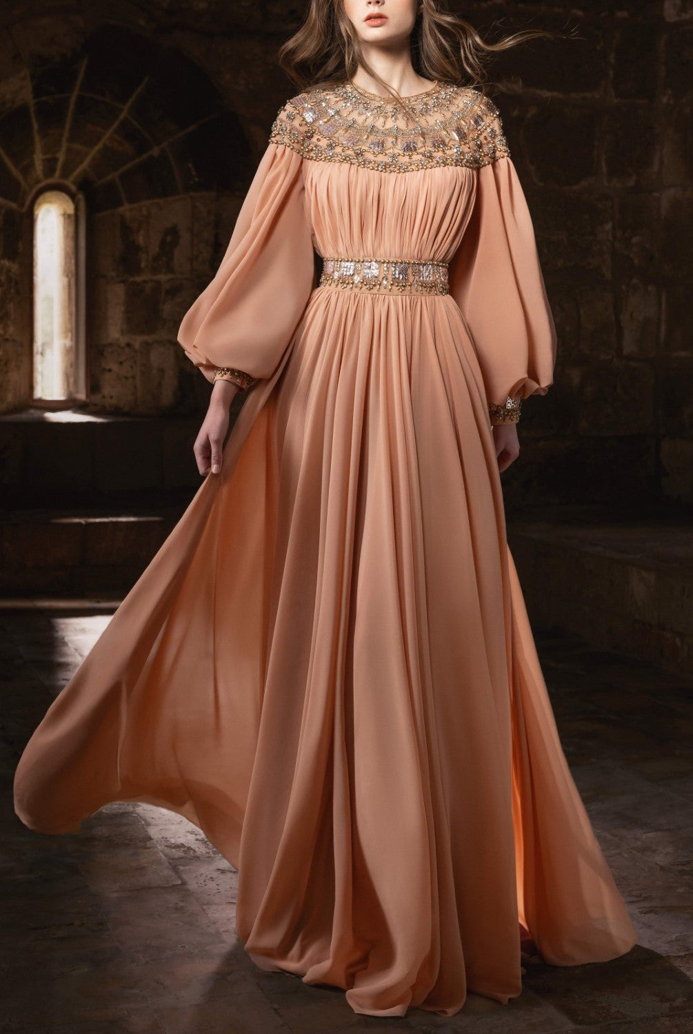 Old Rose Georgette Gown with Pleated Skirt