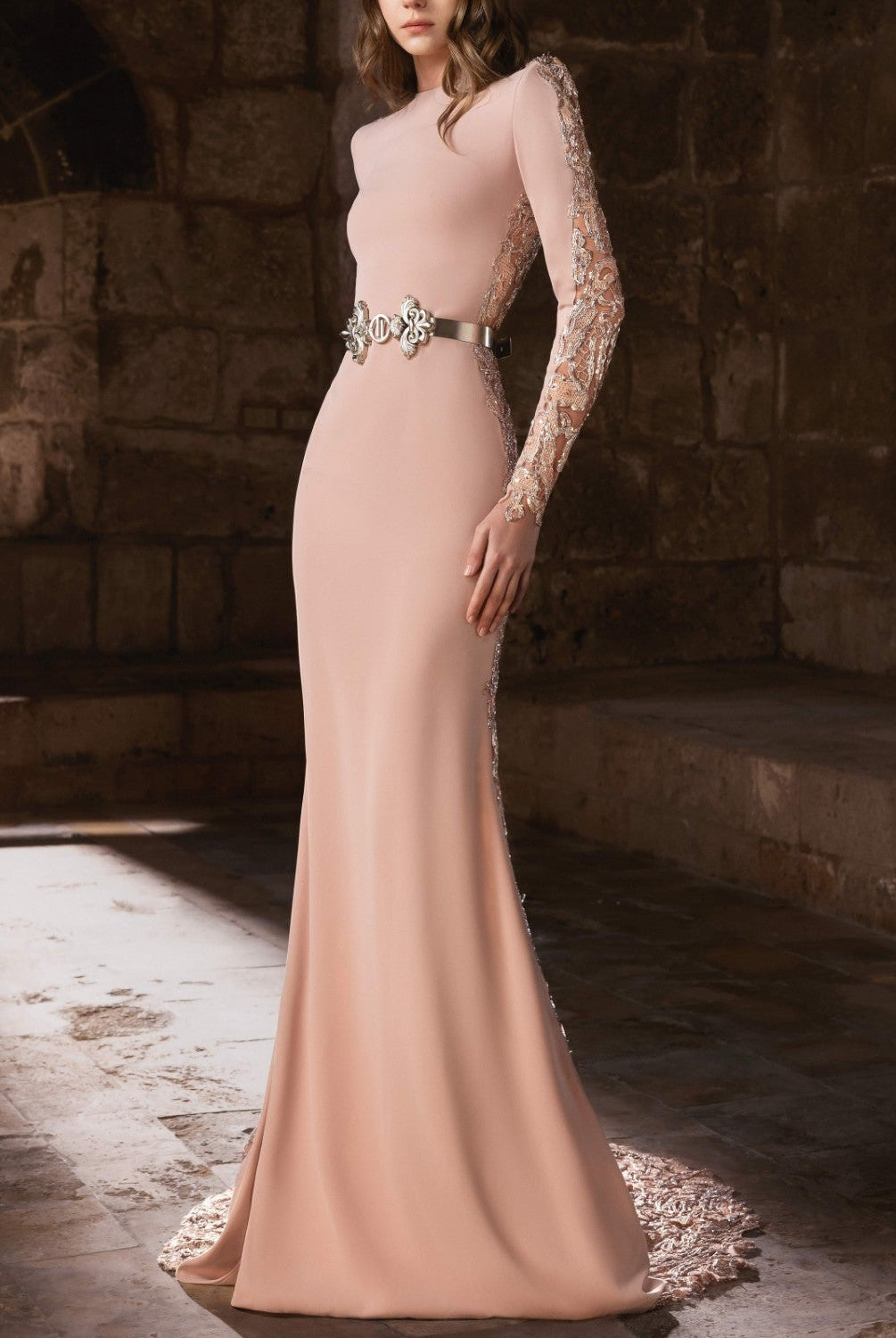 Soft Pink Crepe Dress with Jeweled Neckline