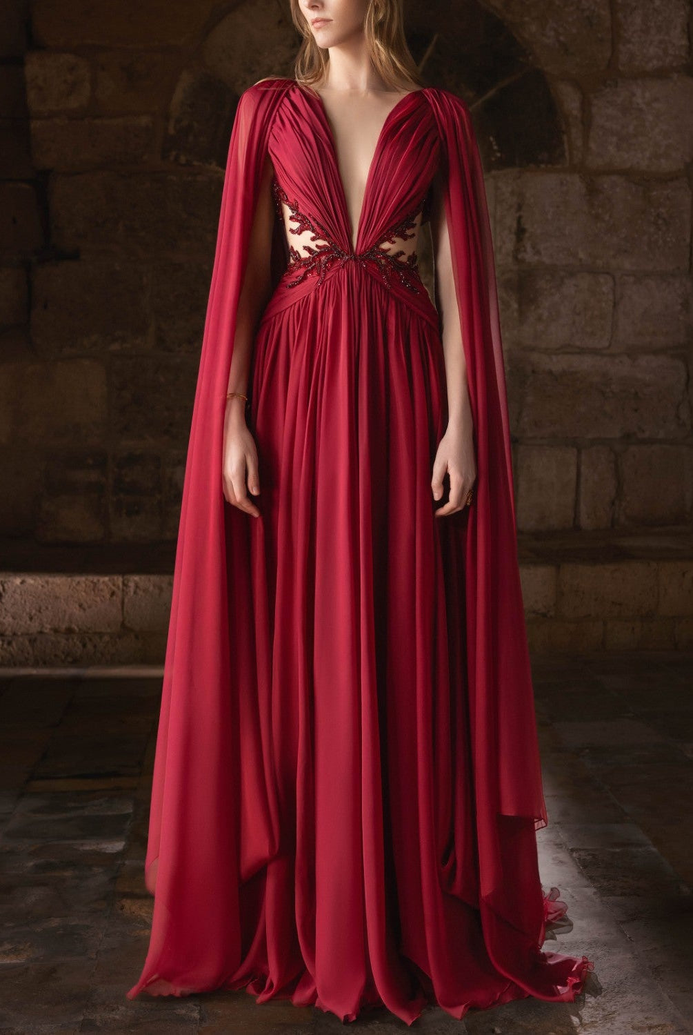 Burgundy Mousseline Gown with Plunging Neckline