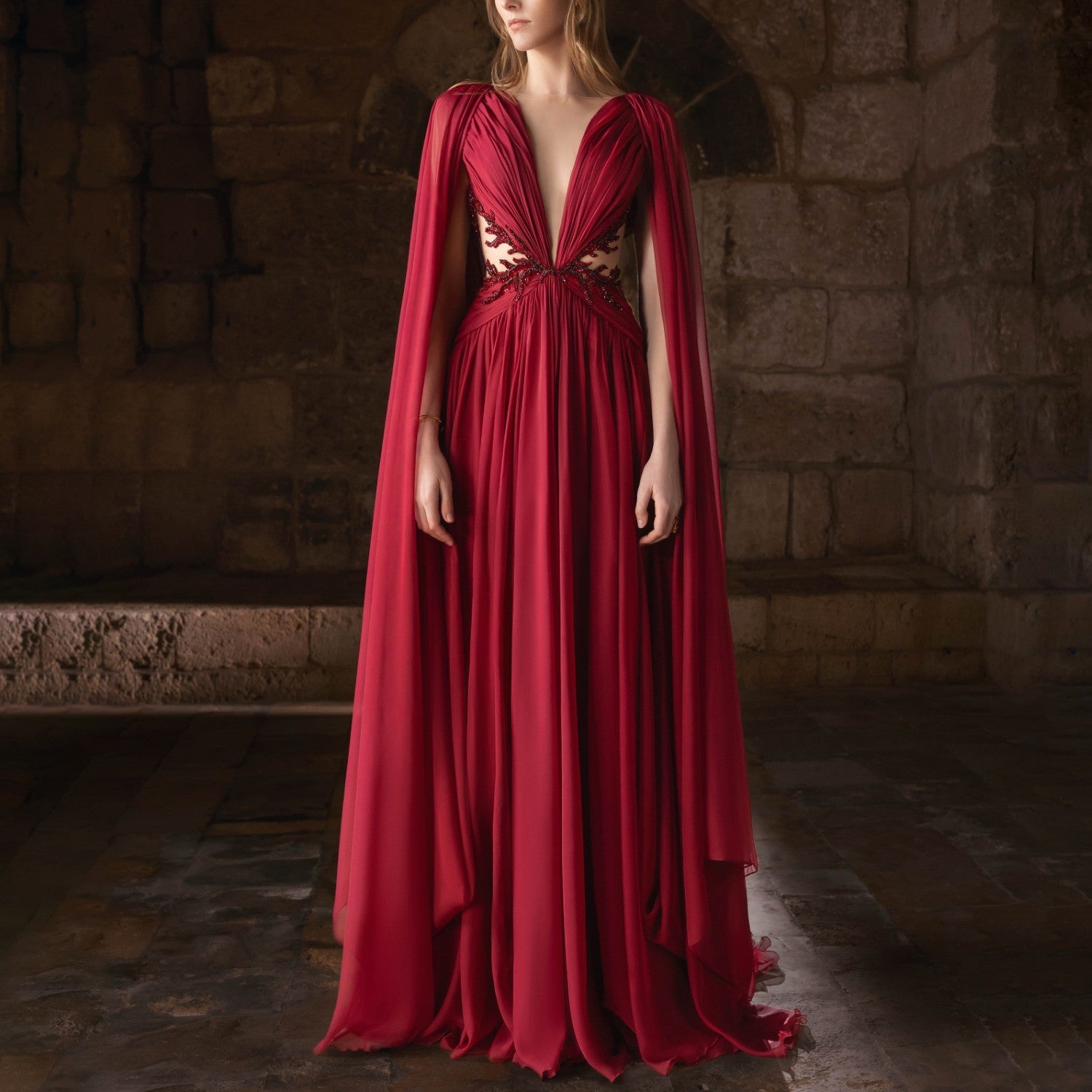 Burgundy Mousseline Gown with Plunging Neckline