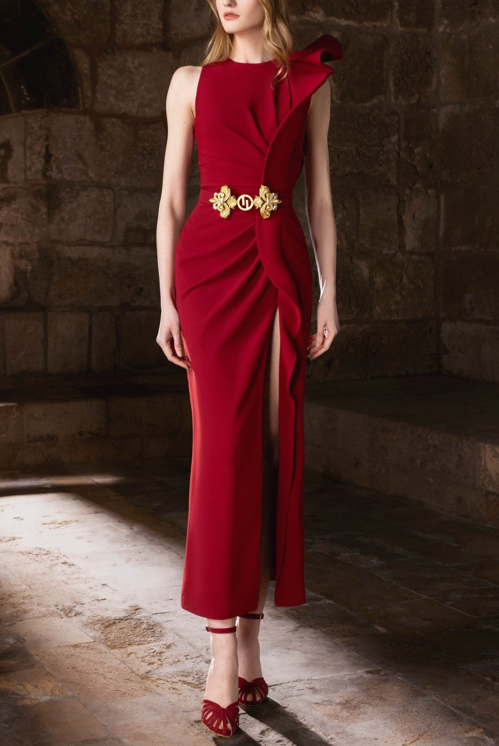 Burgundy Asymmetrical Shoulder Midi Dress