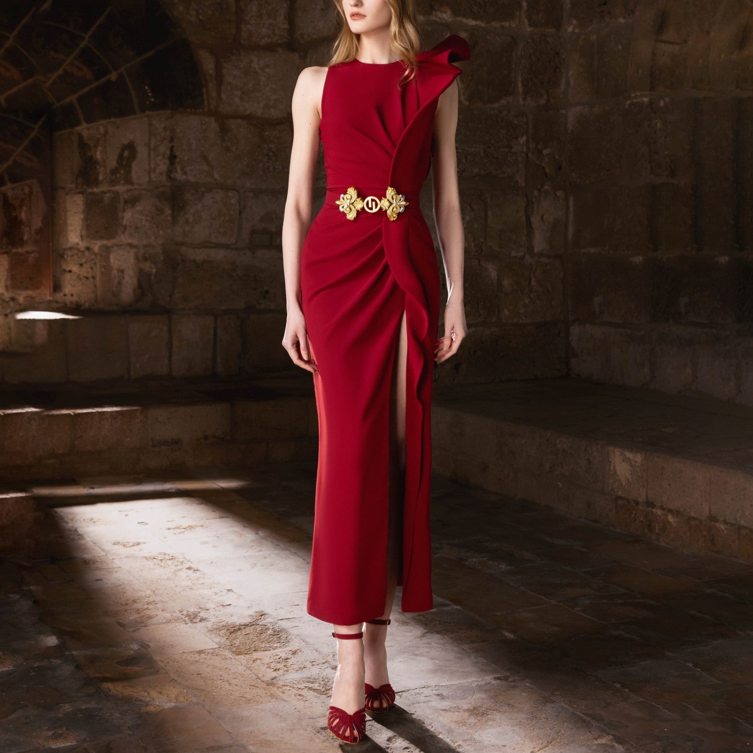 Burgundy Asymmetrical Shoulder Midi Dress