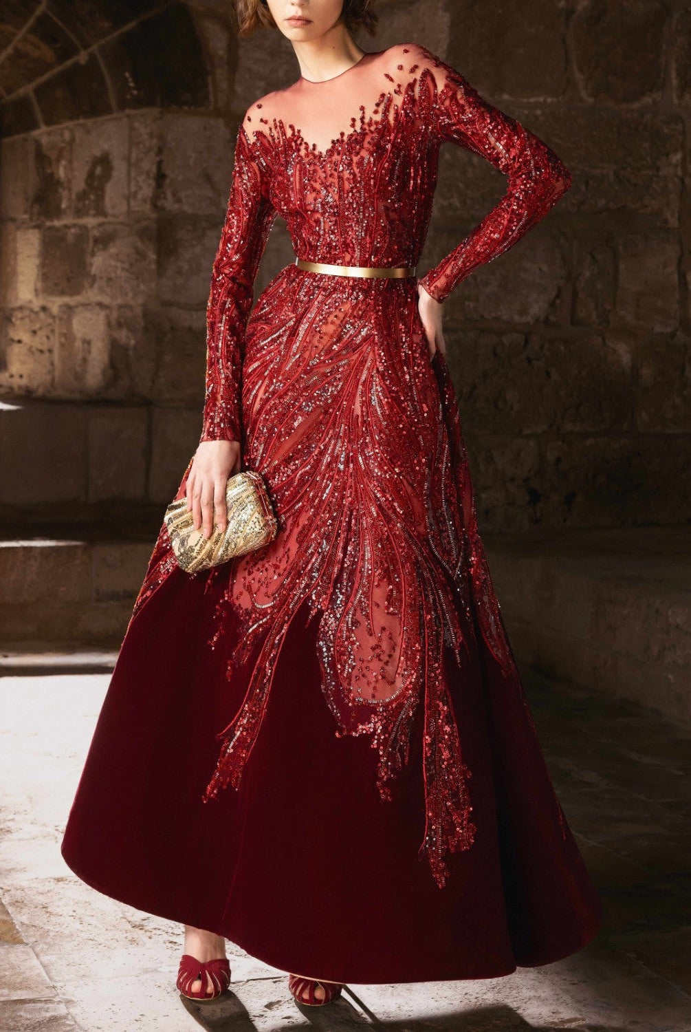 Dragon Red Velvet Embroidery Midi Dress