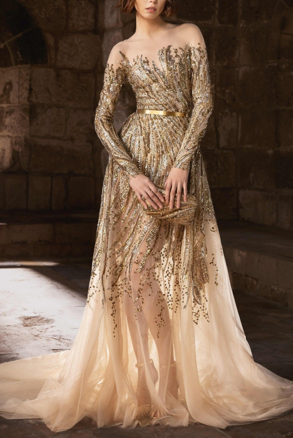 Fully Embroidered Gown With Gold & Silver Embellishments