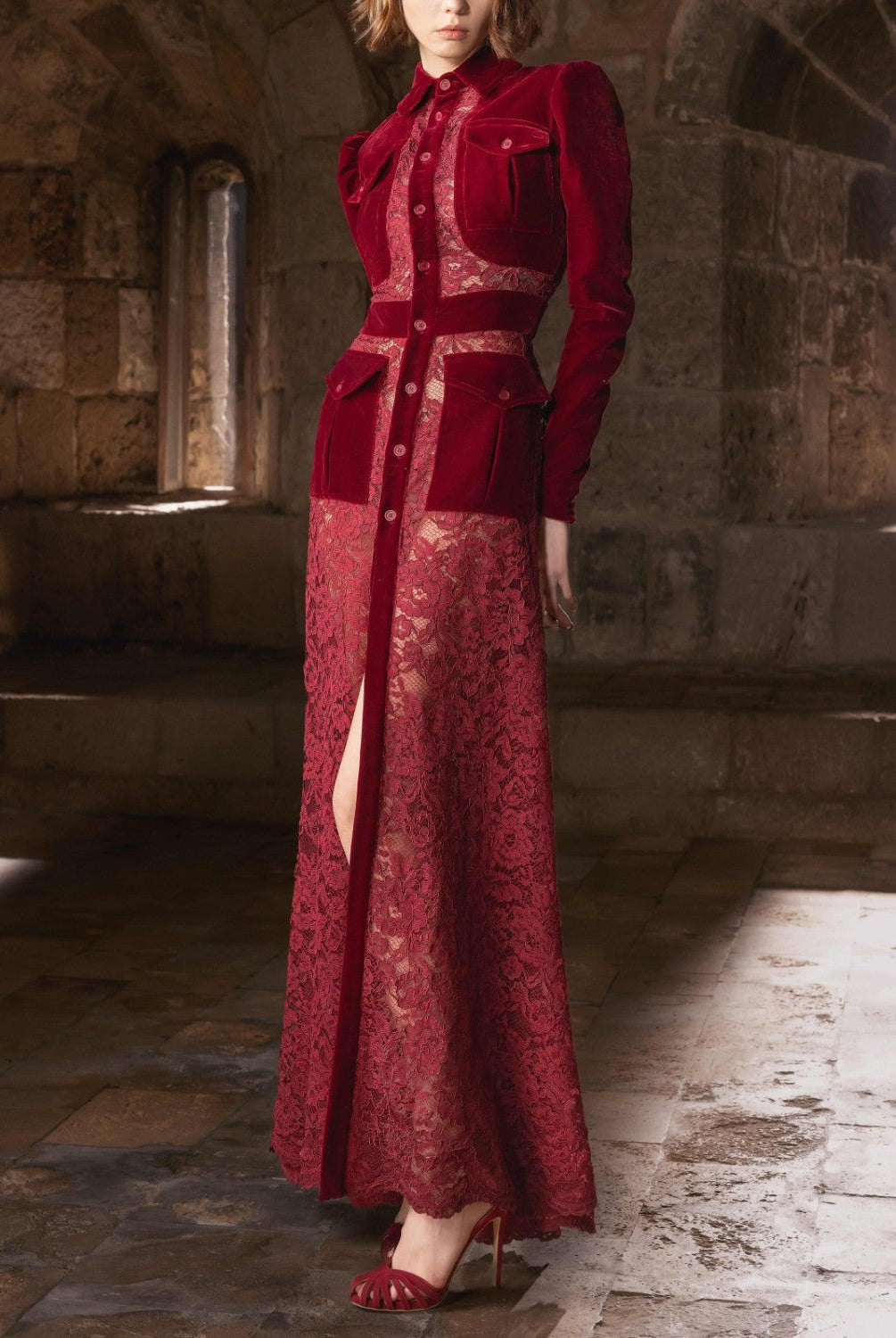 Lace & Velvet Dress With High Neck Bodice