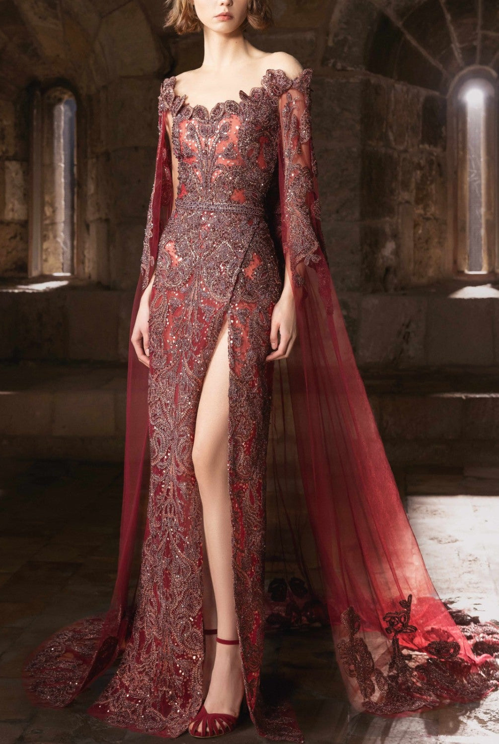 A flowing Burgundy Gown With Delicate Embroidery.