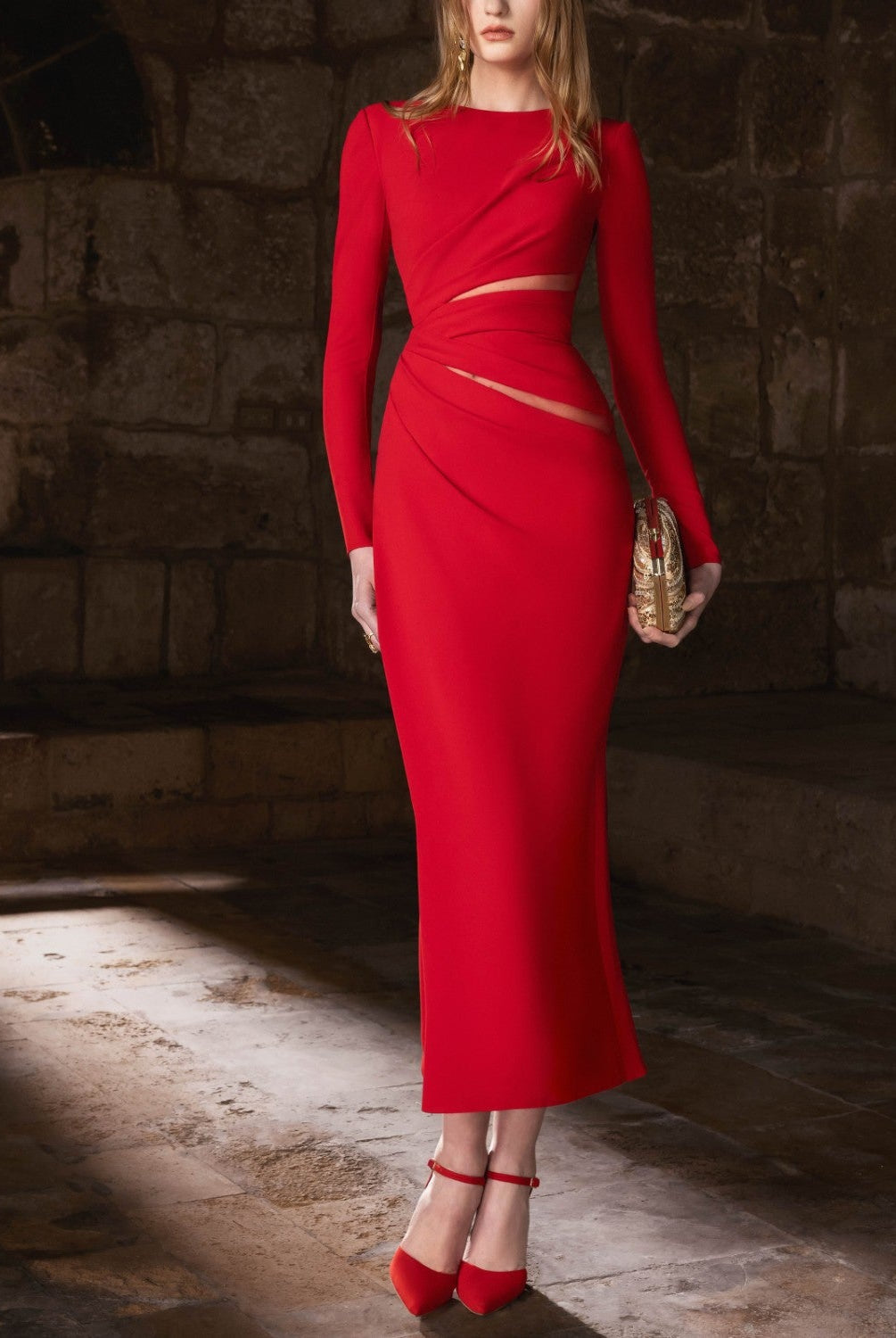 Bold Red Crepe Midi Dress With Dramatic Asymmetry