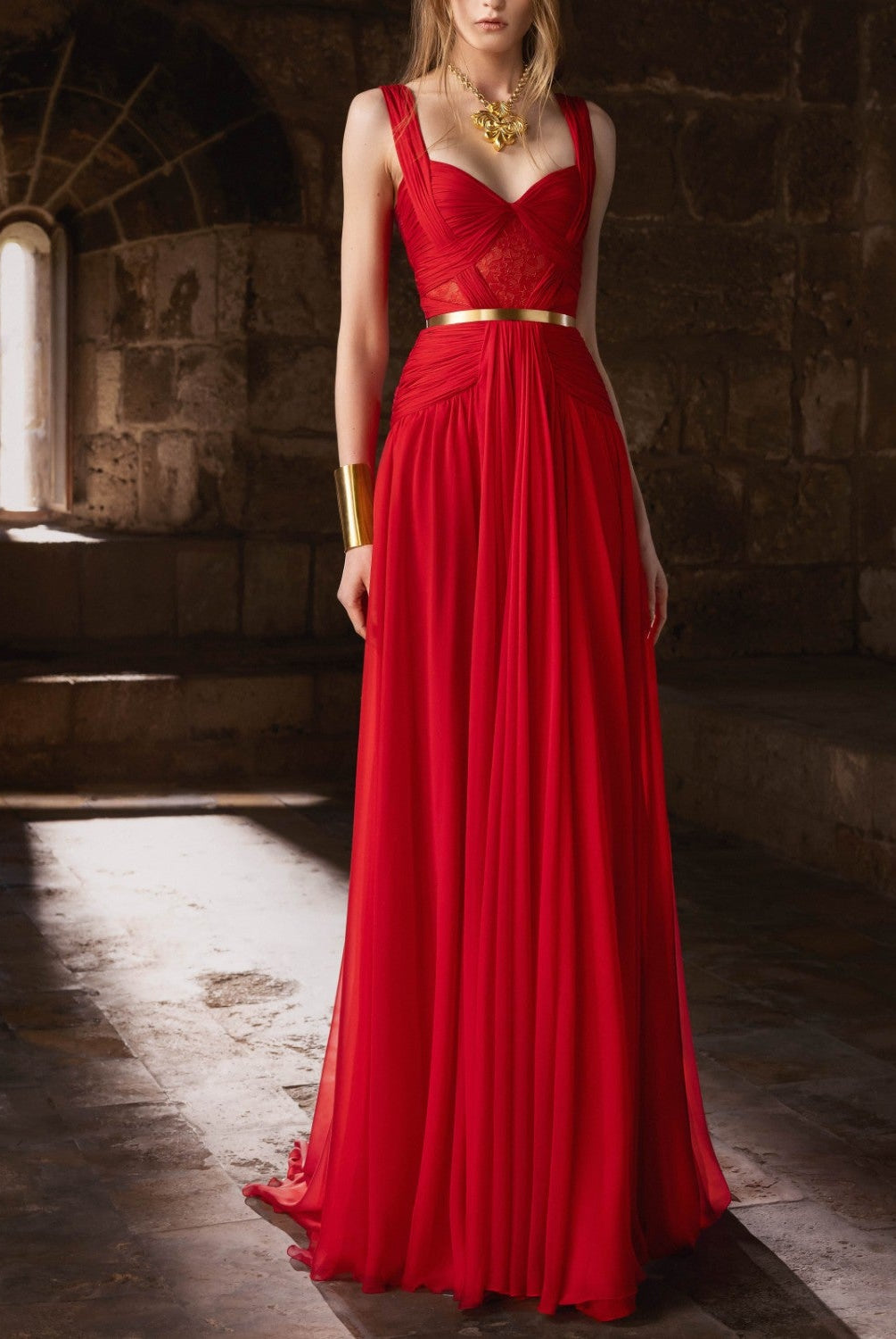 Red Mousseline Gown With A Heart Shape Bodice