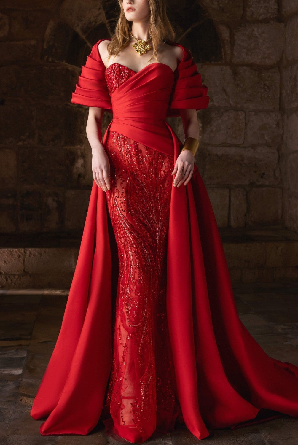 Red Taffeta Gown Witn A Voluminous Overskit