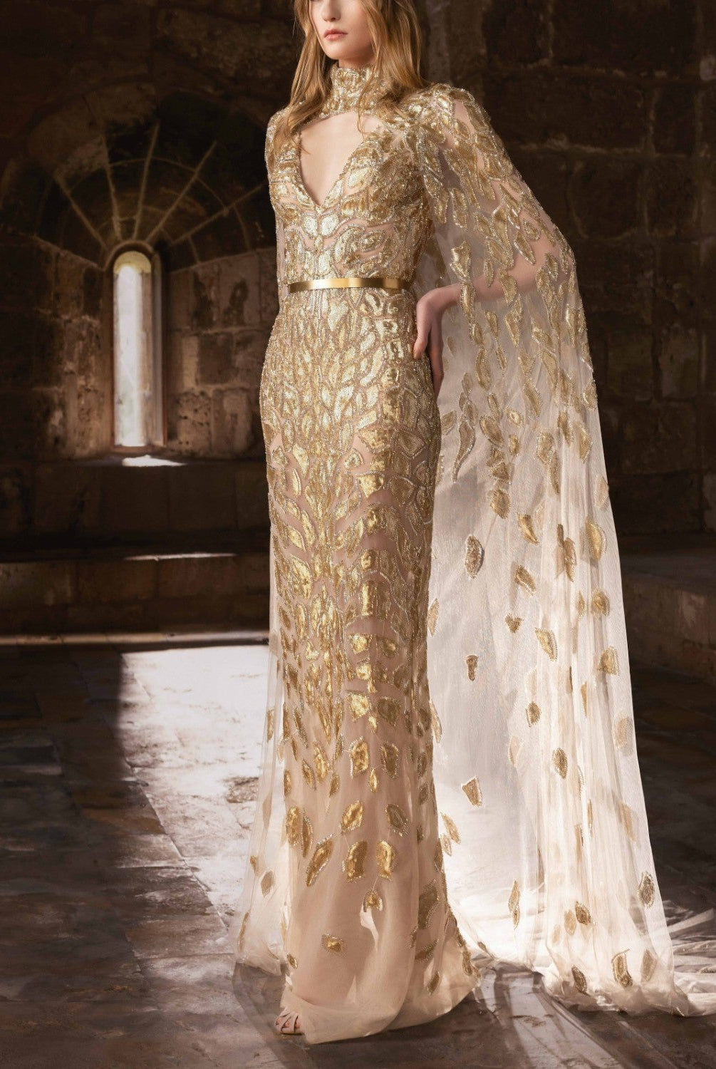 Gold Fitted Dress With Shimmering Embroidery