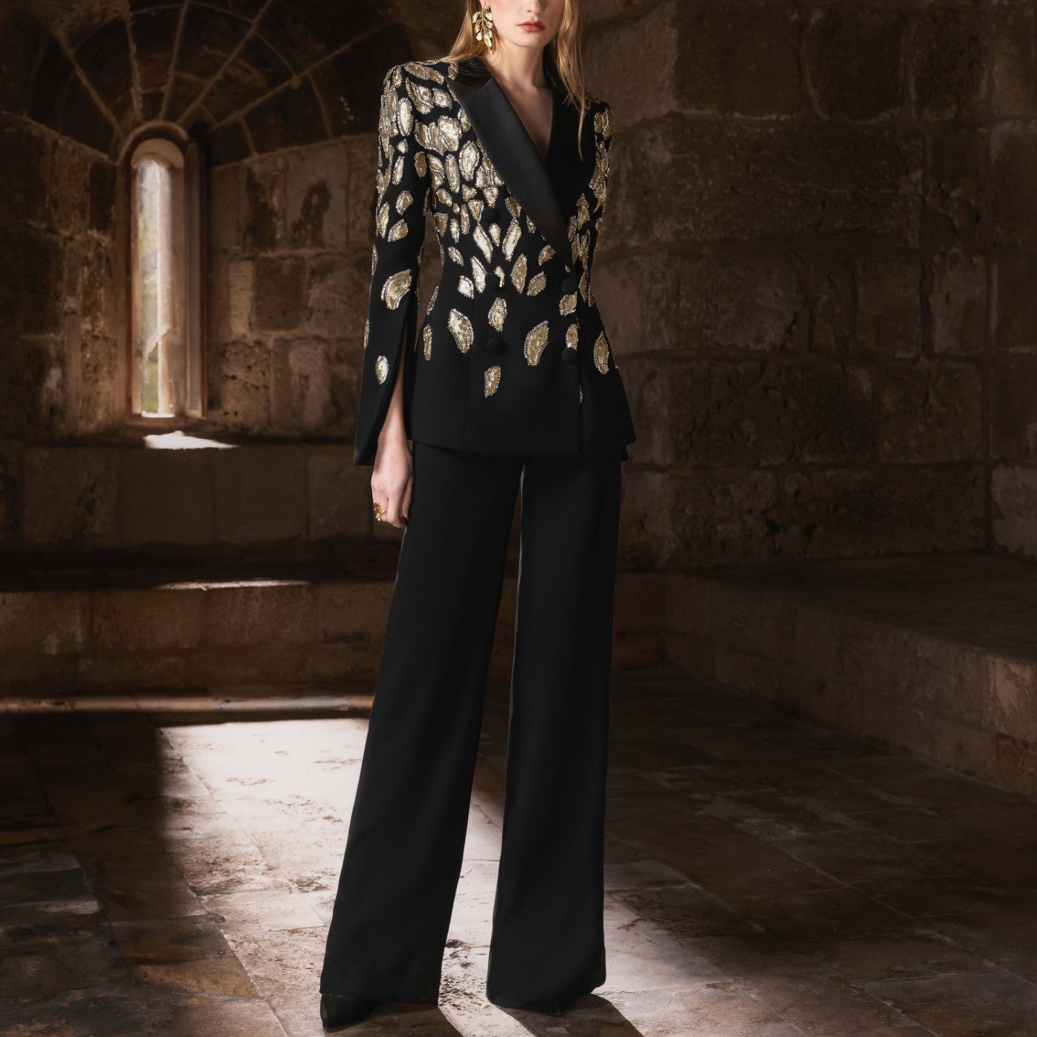 Tailored Crepe Blazer And Pants With Embroidery