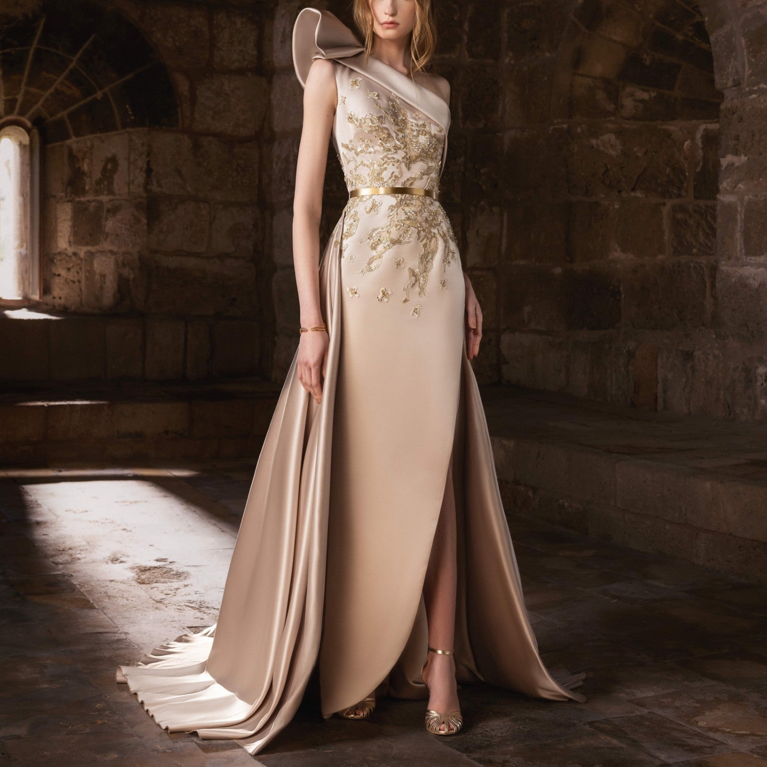 Satin Duchess Gown With One Shoulder Details