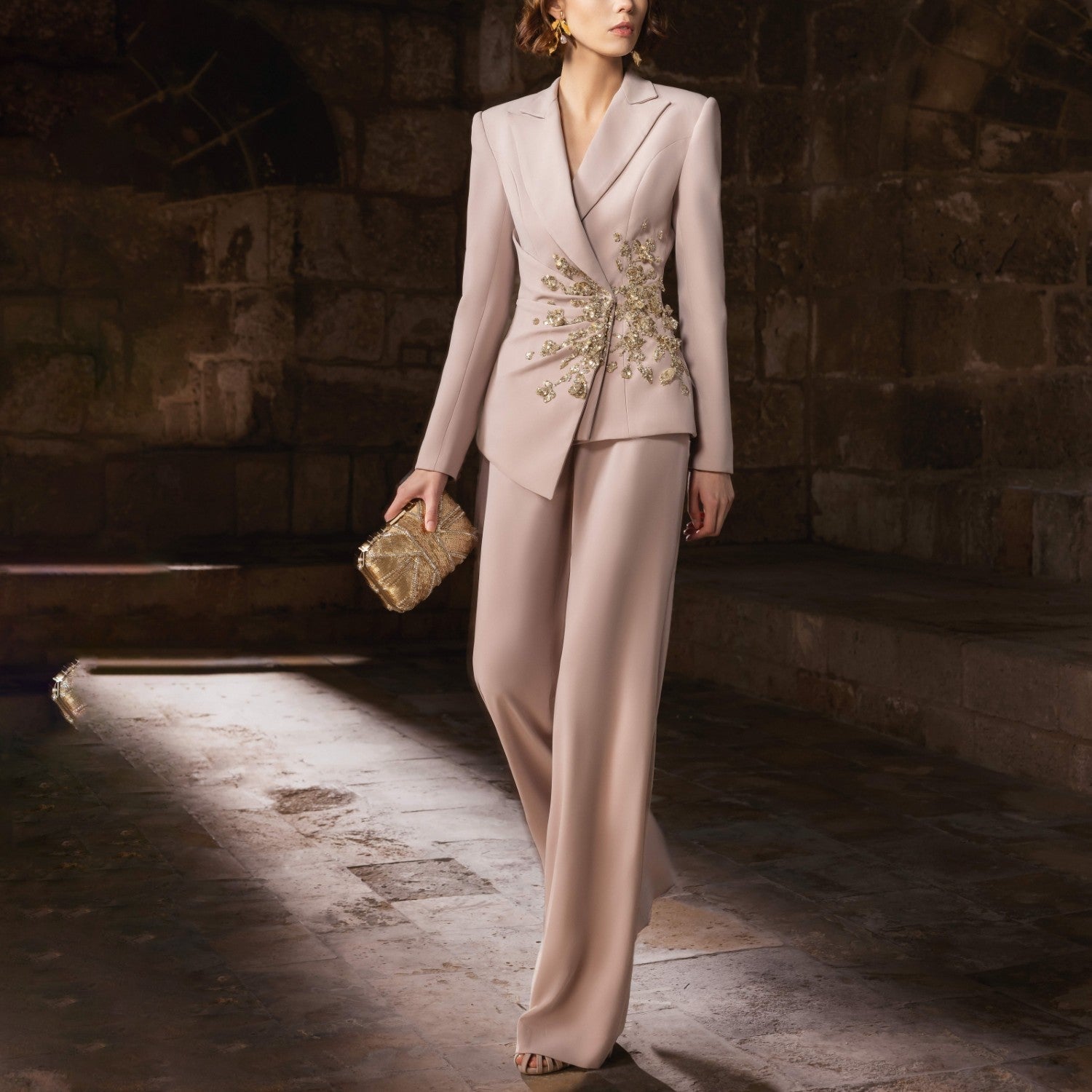 Warm Gray Crepe Suit With Straight-Cut Trousers And Asymmetrical Blazer