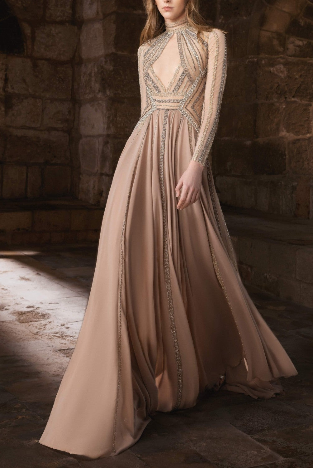 Long Gold Gown With Structured Shoulders Long Sleeves