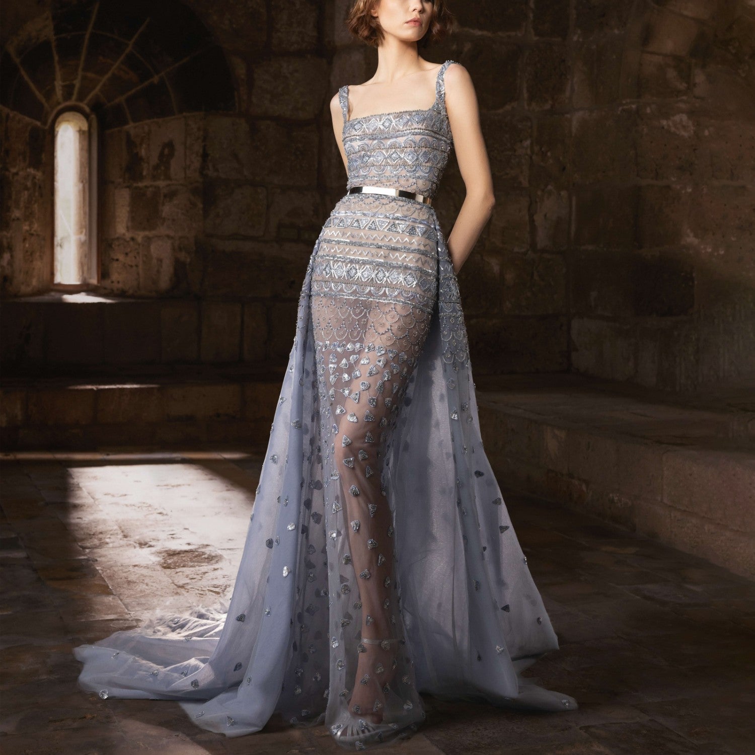 Dusty Blue Layered Tulle Gown With Fitted Bodice