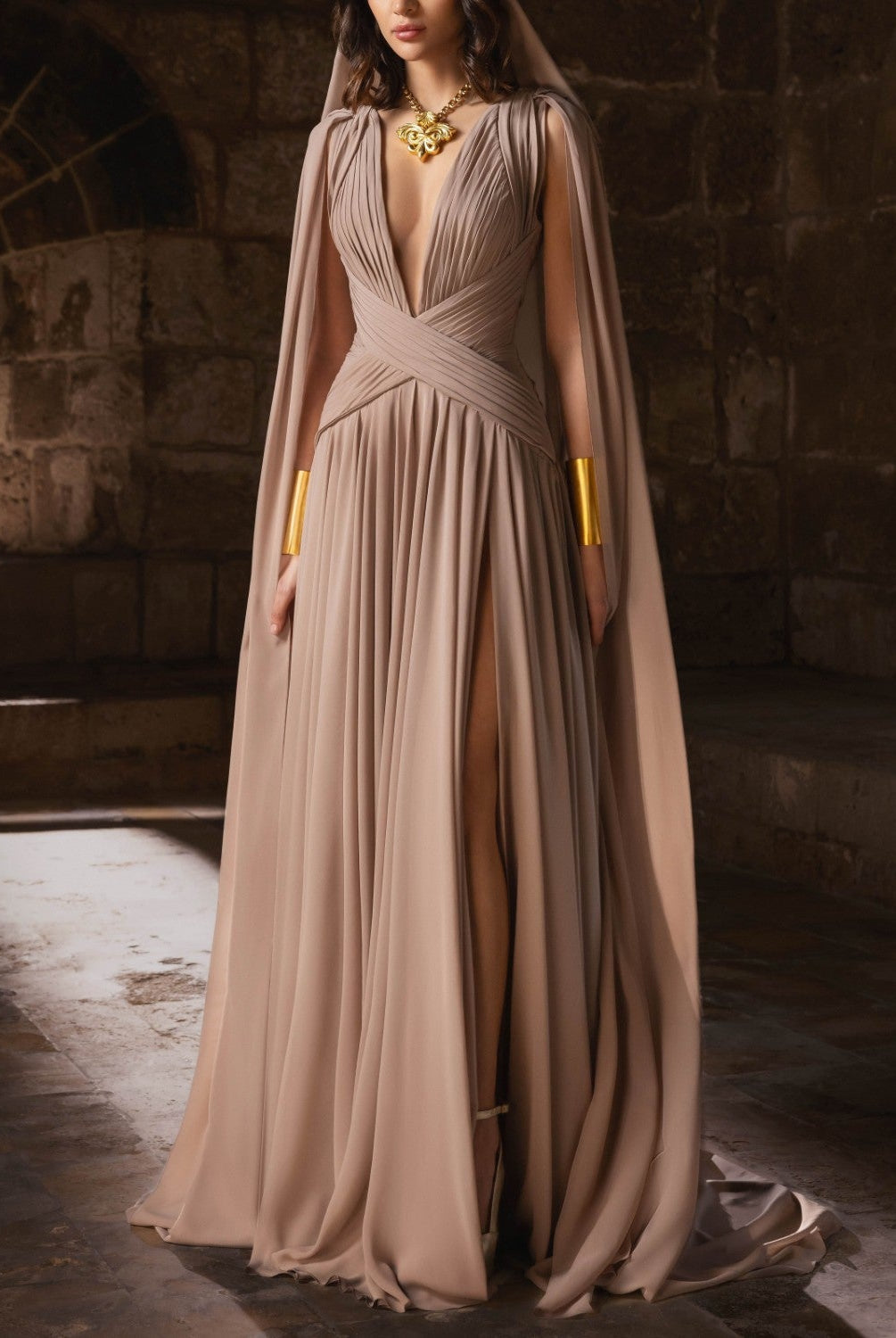 Mousseline Gown With Draped Bodice And Flowing Long Skirt