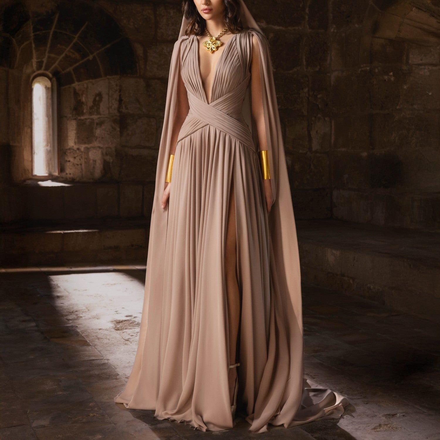 Mousseline Gown With Draped Bodice And Flowing Long Skirt