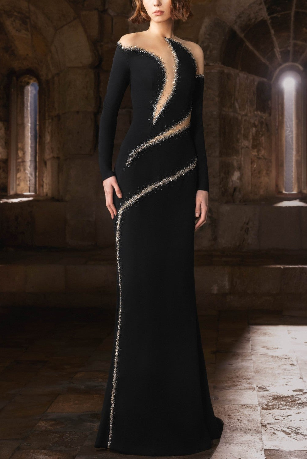 Fitted Black Gown With Asymmetrical Cut-Outs