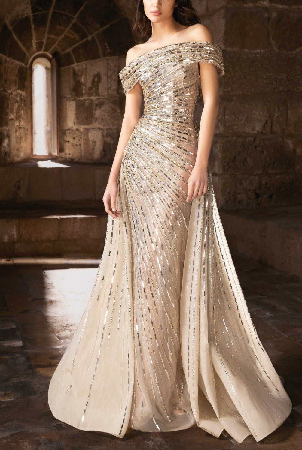 Silver Fitted Gown With Asymmetrical Off Shoulder