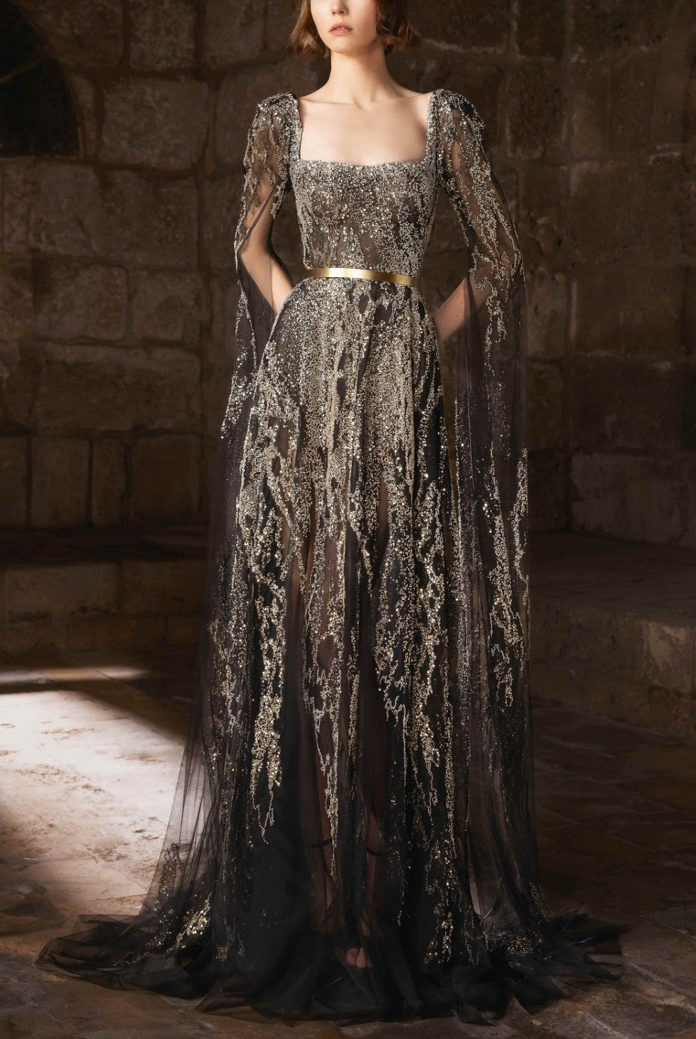 Black and gold embroidered A-line tulle gown