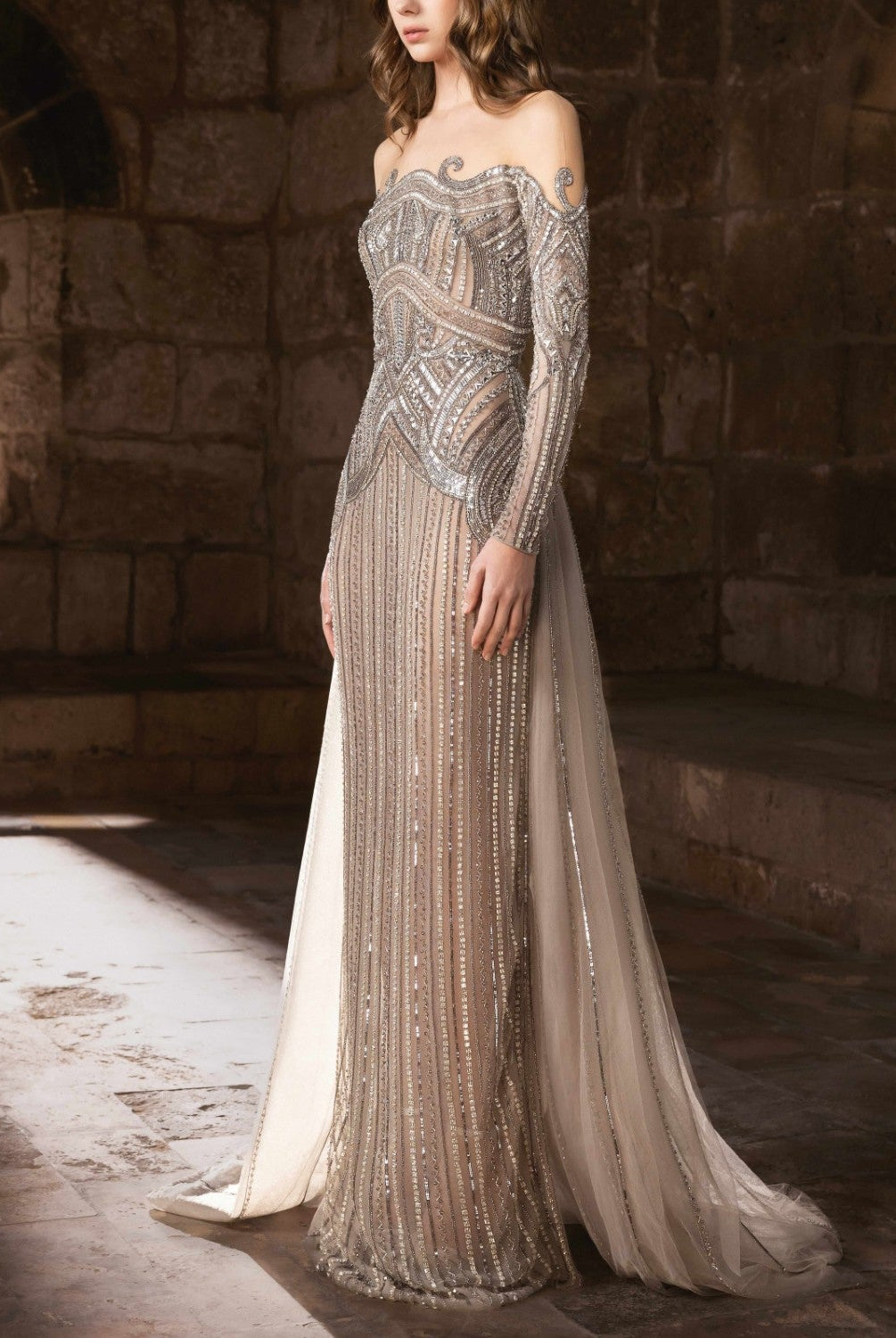 Fully Beaded Long Sleeve Gown