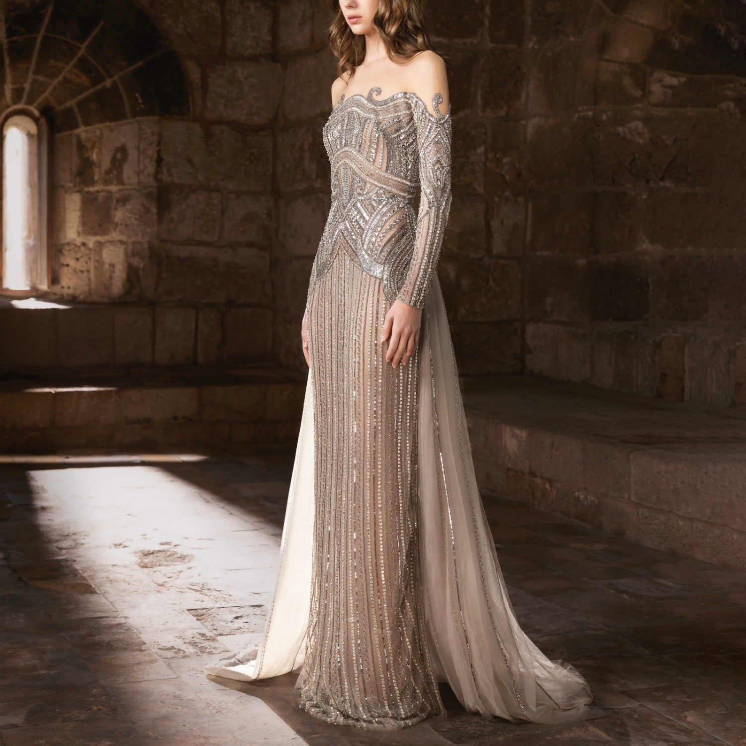 Fully Beaded Long Sleeve Gown