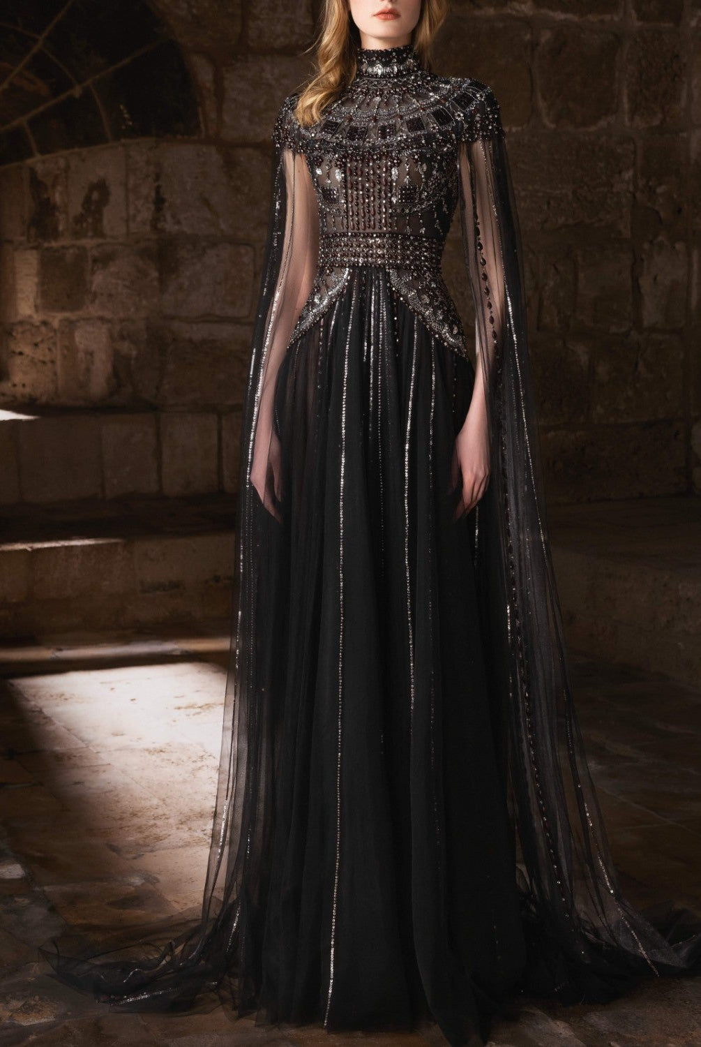 Black tulle gown with silver and gold embroidery