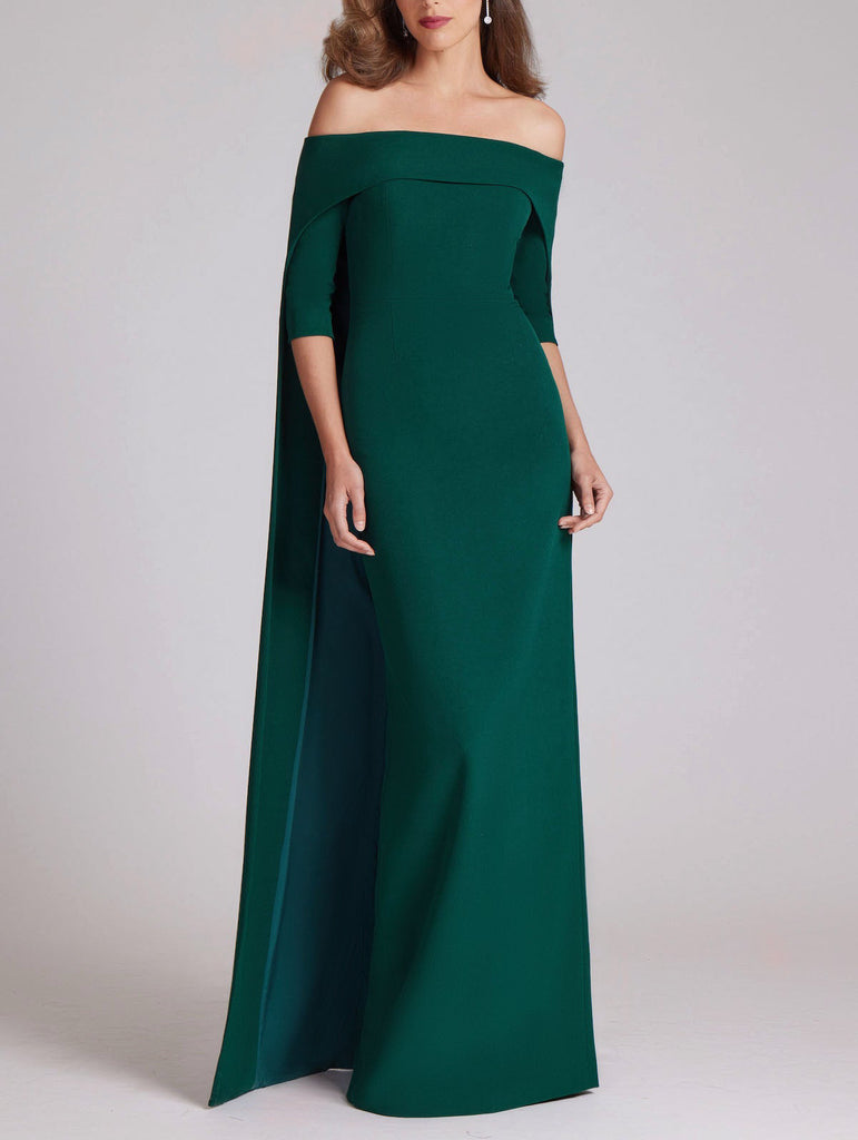 Crepe Off Shoulder Gown With Long Cape