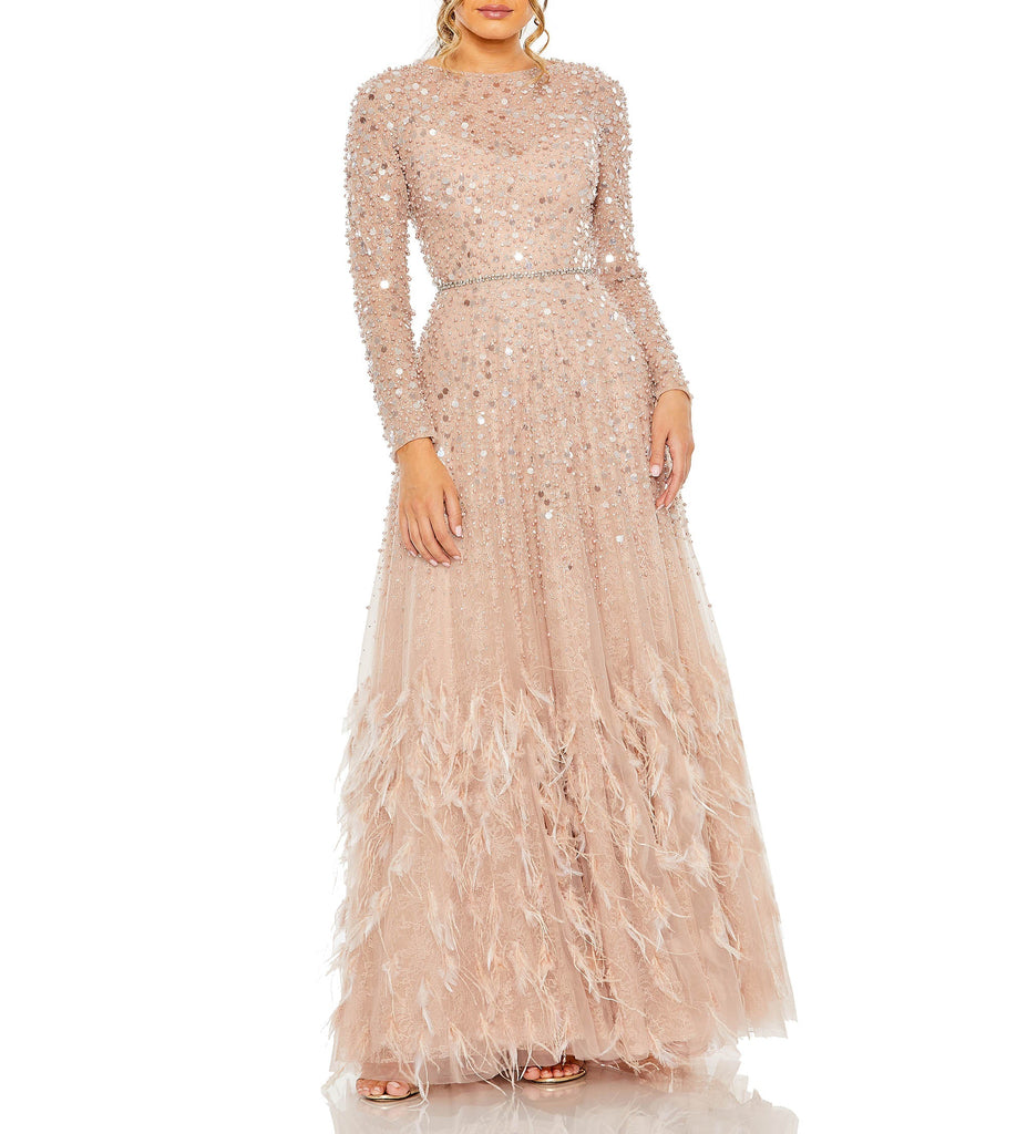 Disc Embellished Sequin Gown with Feather Detail