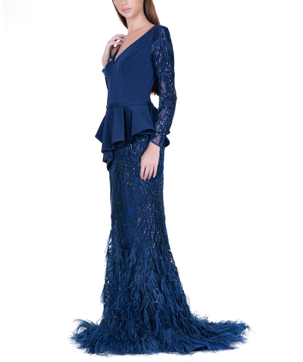 Navy Blue Embellished Feather Trim Long Dress