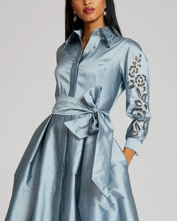 Taffeta Shirt Dress Gown With Eyelet Sleeve And Collar