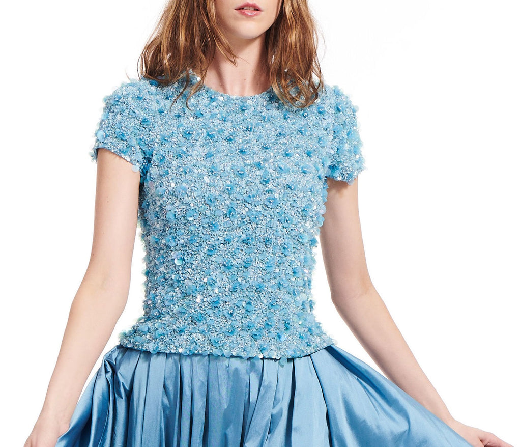 French Blue Crunchy Flower Hand Beaded Top