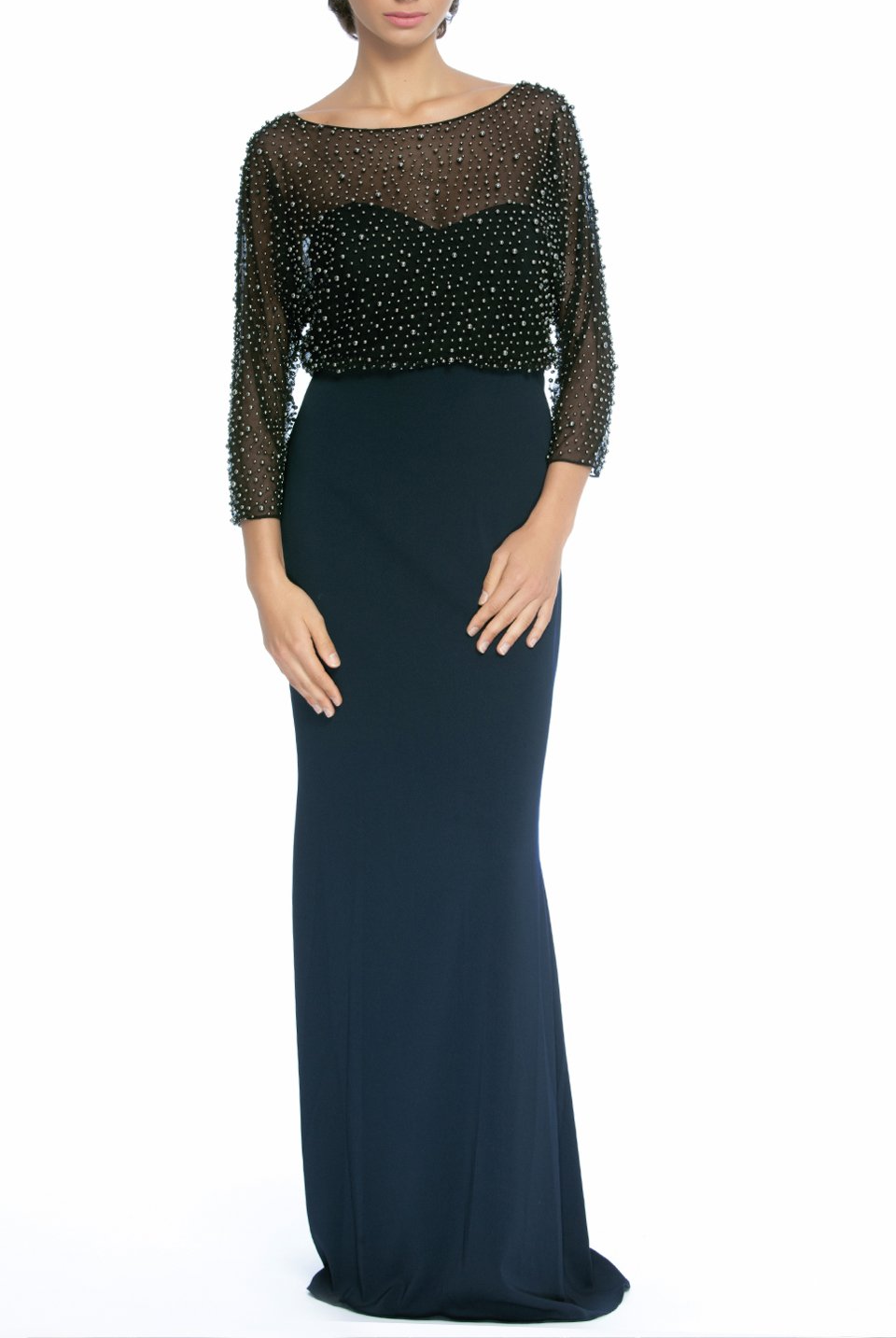 3/4-Sleeve Beaded Blouson Gown, BADGLEY MISCHKA - elilhaam.com