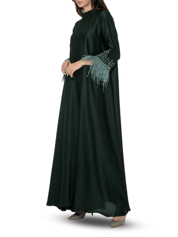 Forest Green Silk Embroidered Kaftan with Feather Embelishment