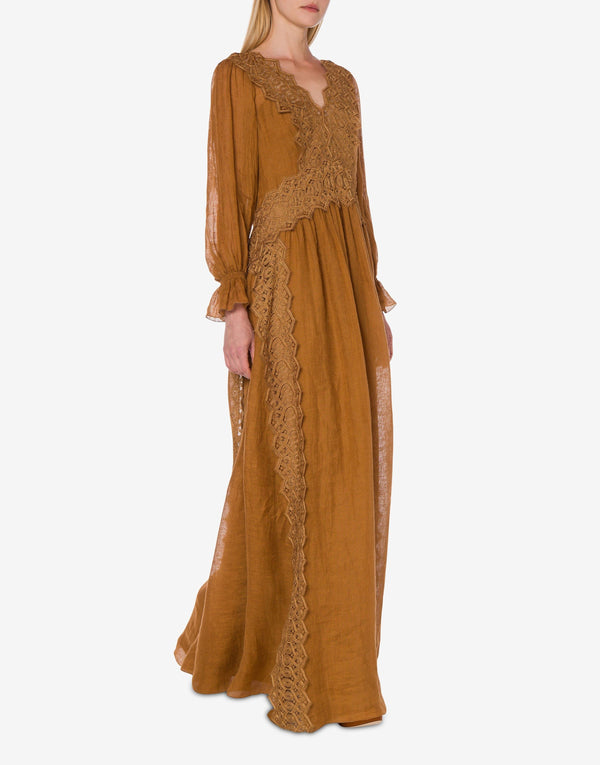Brown Linen Dress With Lace