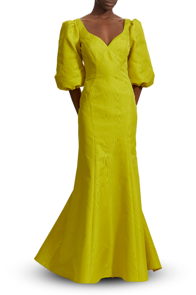 Lime Yellow Moire Curved V Neck Gown