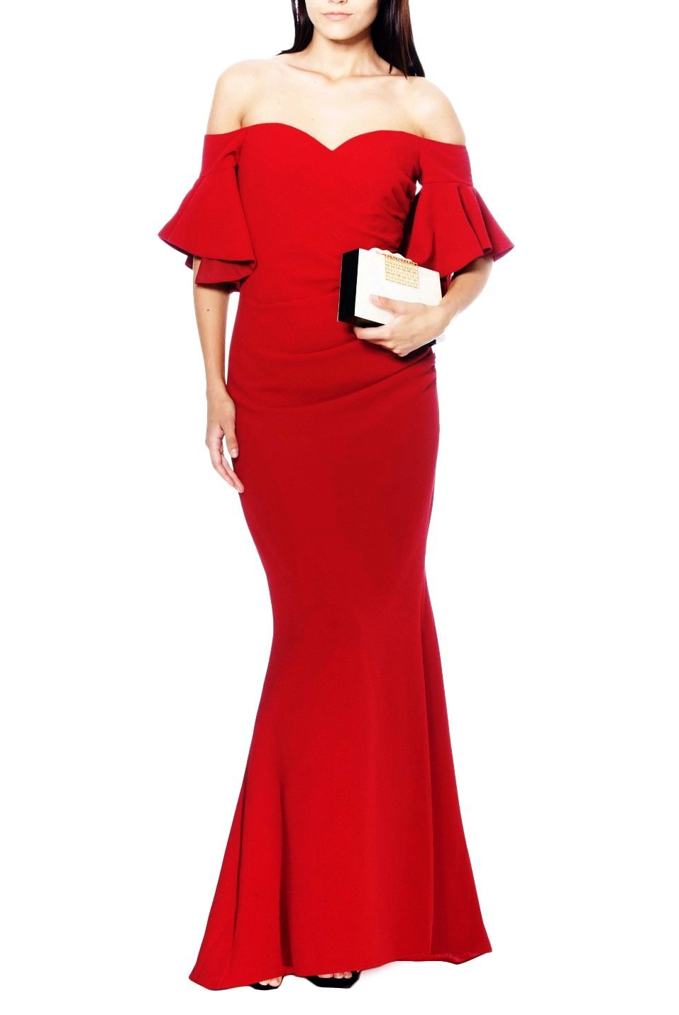 Off-The-Shoulder Ruched Crepe Evening Gown, BADGLEY MISCHKA - elilhaam.com