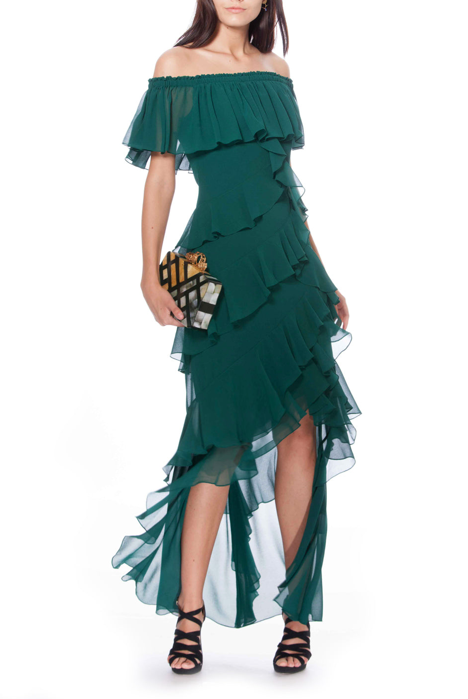 Off-The-Shoulder Ruffled High-Low Gown, BADGLEY MISCHKA - elilhaam.com