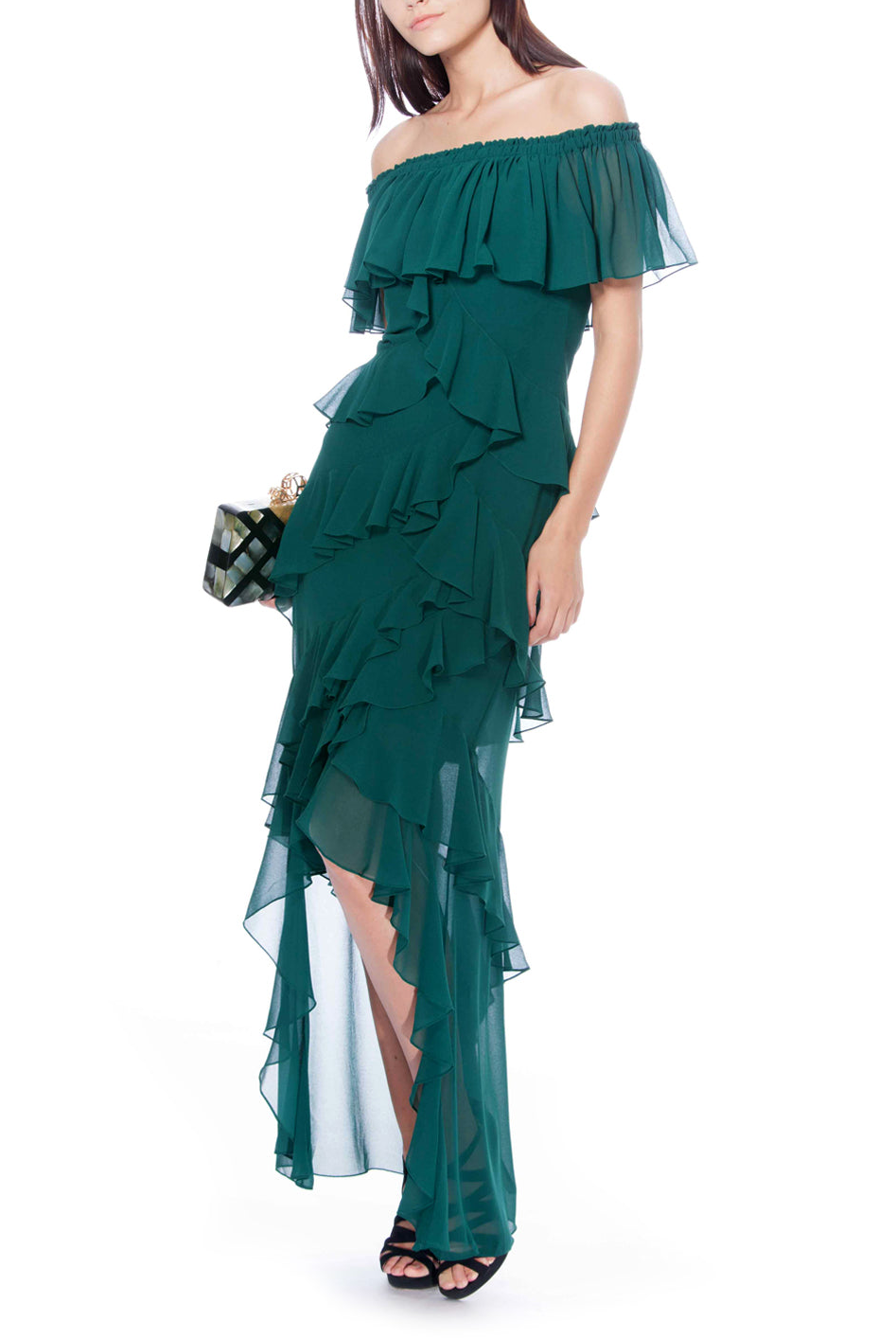 Off-The-Shoulder Ruffled High-Low Gown, BADGLEY MISCHKA - elilhaam.com