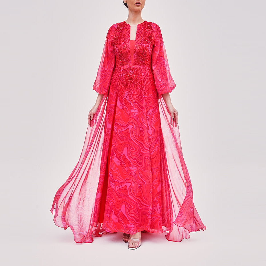 Ruby Red Silk Chiffon Embellished Dress