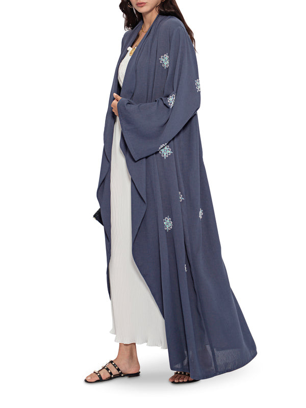 Midnight Blue All Over Floral Embroidery Abaya