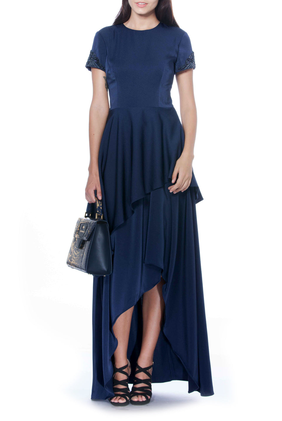 Layered Short Sleeve Navy Gown, DAVID MEISTER - elilhaam.com
